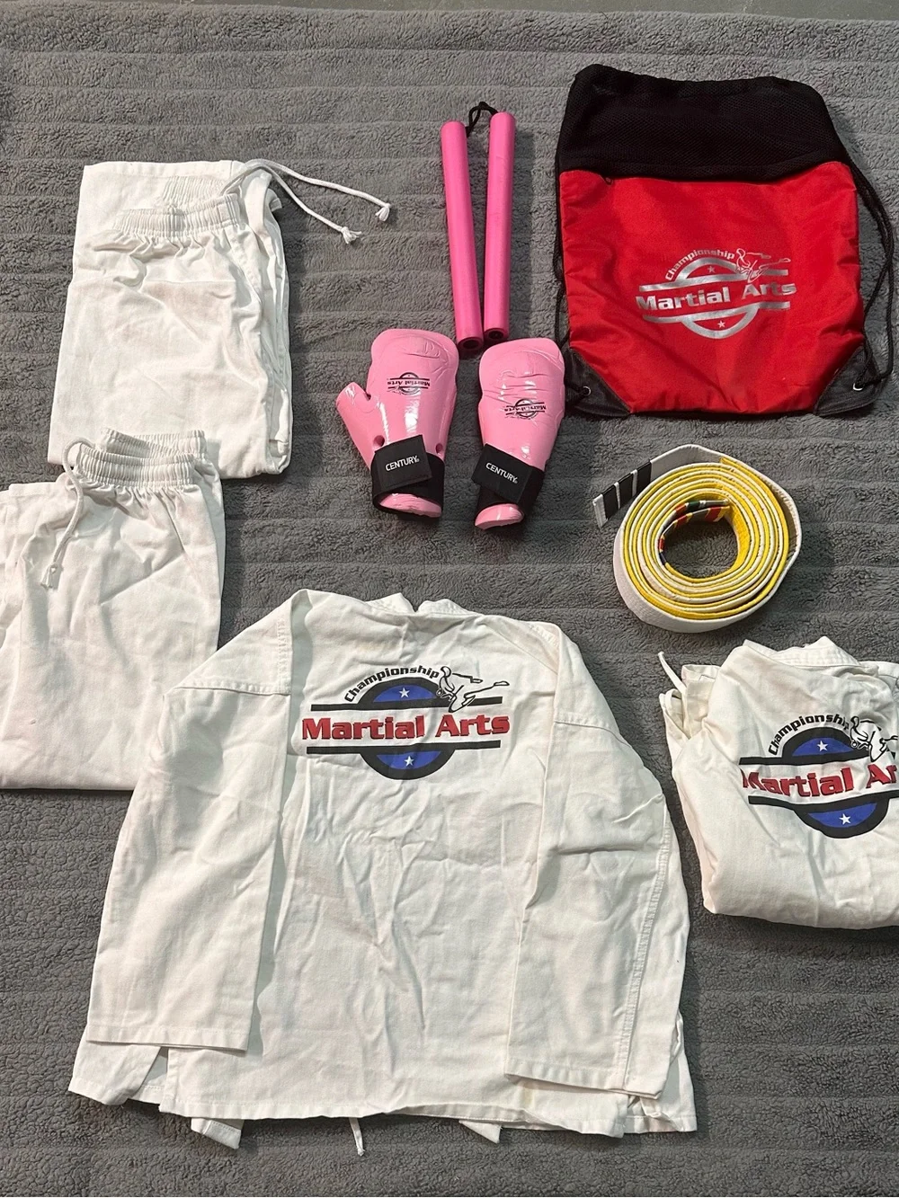 Kids Martial Arts Karate complete set Sparring Gloves, nutchucks, belts.